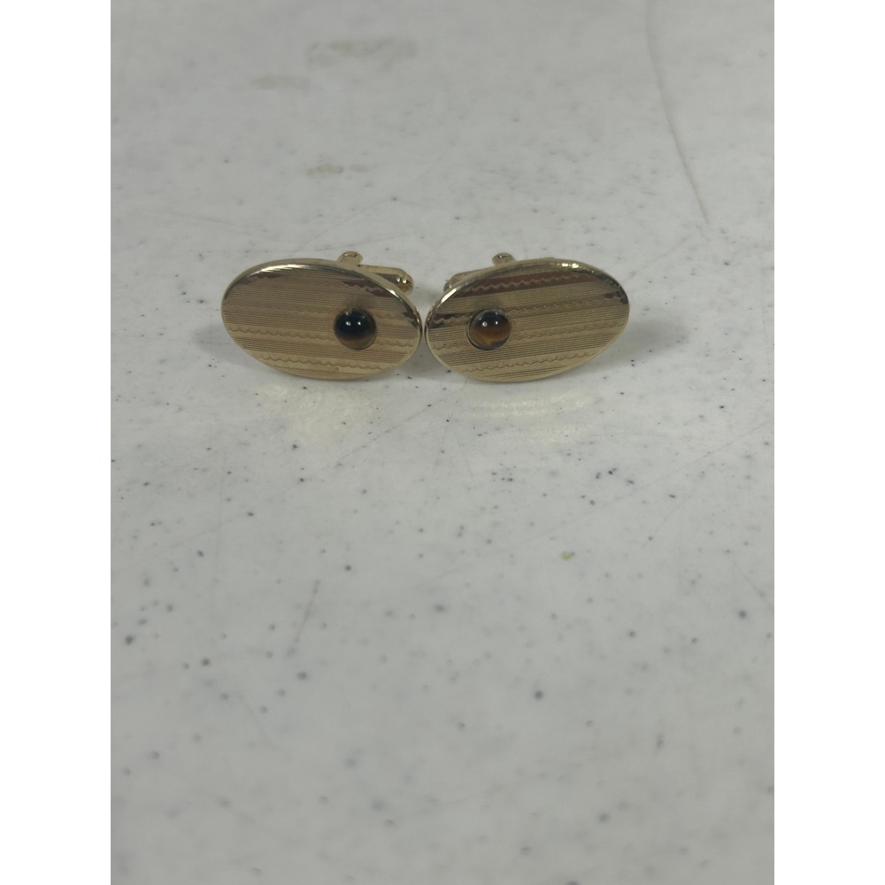 Shields Vintage Gold Tone Oval Etched Cufflinks with Tiger's Eye Accents‎